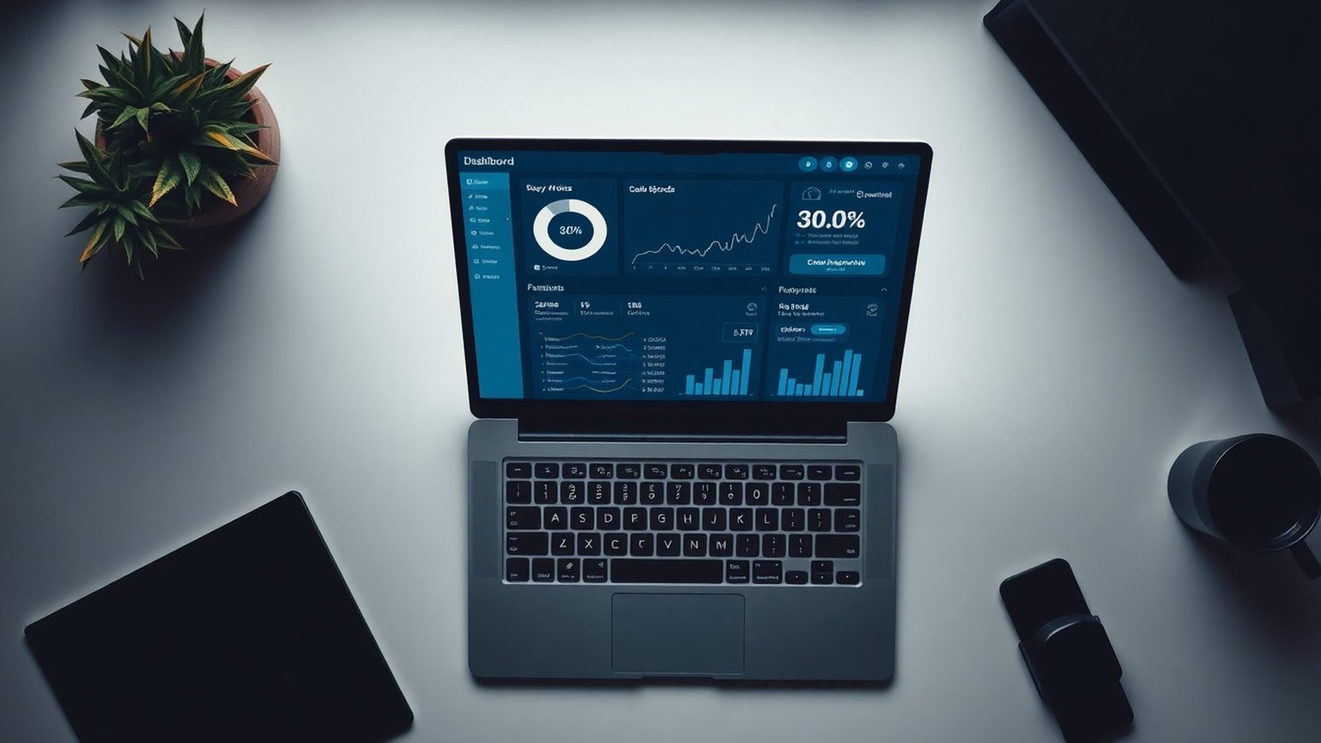 Dashboard SEO cu grafice de poziționare în tonuri indigo