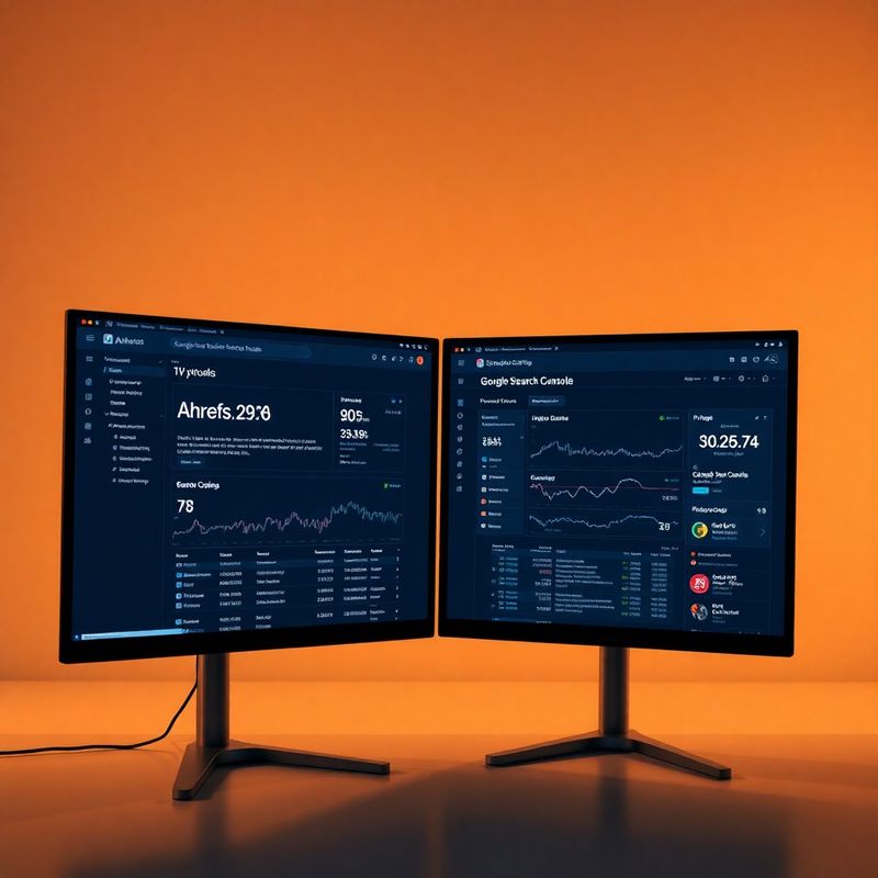 Monitoare cu interfețe Ahrefs și Google Search Console în mod închis