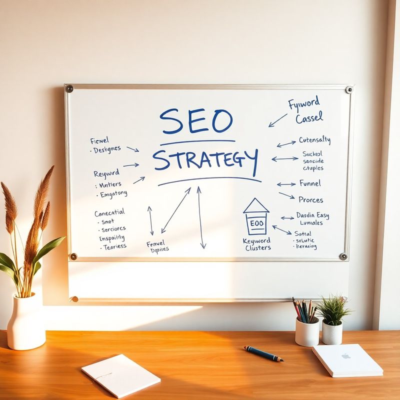 Whiteboard cu hartă de strategie SEO în marker indigo